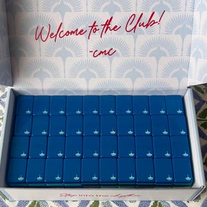 May include: An open box filled with blue rectangular tiles, each with a small white design. The box interior has a light blue pattern and the words "Welcome to the Club!" in red. The box is on a patterned surface.