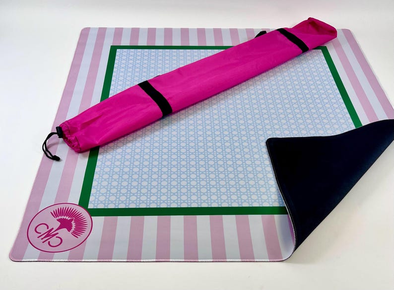 May include: A pink and white striped yoga mat with a light blue and white patterned center. A bright pink carrying case with black straps rests on the mat. The mat has a green border and a logo in the corner.