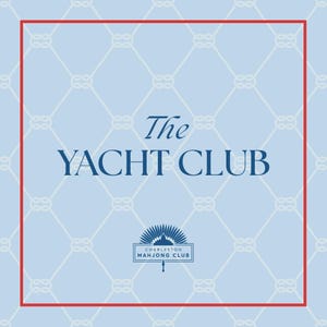 May include: Square graphic with a light blue background featuring a repeating white nautical knot pattern. The text "The YACHT CLUB" is in navy blue, with a red border. Below is a navy blue emblem with the text "CHARLESTON MAH JONG CLUB".