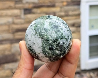 Esfera de ágata musgosa gema – Bola de cristal pulido con soporte