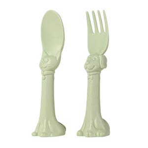 May include: A set of two green plastic toddler utensils, a spoon and a fork, shaped like a cat and a dog.