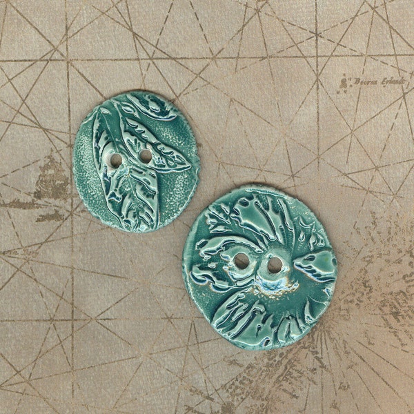 Handmade ceramic buttons turquoise leaf pattern Artisan ceramic textured button ceramic Large buttons lot stone wear button porcelain button