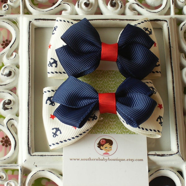 NEW ITEM----Boutique Baby Girl Toddler Hair Bow Clippie Set------Sailor Girl------Ivory n Navy
