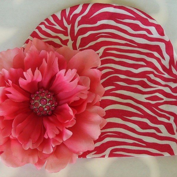 Boutique Newborn Baby Toddler Girl Knit Beanie Hat Cap with Rhinestone Peony Flower Clip------Hot Pink and White Zebra-----Fits 0-6 Months or 6-12 Months------You Choose Size