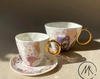 Handmade Ceramic Coffee Cup Set | Porcelain Espresso Cup & Saucer | Luxury Tea Cup | Gold Handle Mug | Unique Pottery Gift
