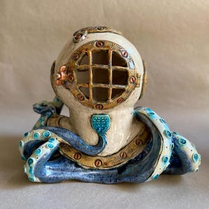Handmade Ceramic Sculpted Octopus | Octopus in a Helmet | Ceramic Decor