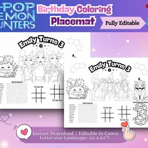 Kpop Demon Hunters Activity Placemat | Printable Huntrix Birthday Party Activity Sheet | Kpop Anime Party Games Template | Editable template