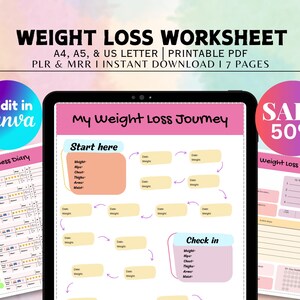 May include: A printable weight loss worksheet in a digital format. The worksheet is divided into sections for tracking weight loss goals, a wellness diary, and a weight loss journey. The worksheet is designed to be used with Canva.