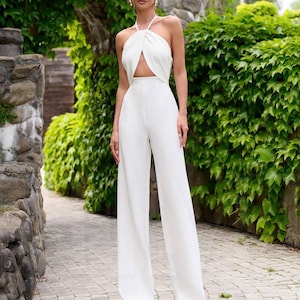 Sophisticated Bridal Jumpsuit, White Wedding Jumpsuit, White Halter Cutout Design for Weddings, Engagements, Receptions and Timeless Bridal