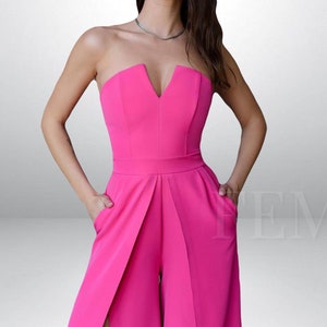 Pink Corset Women Jumpsuit Sleeveless with Slit Leg | Wide Leg Jumpsuit for Wedding Guest Special Occasion Bridal | Nadi Model