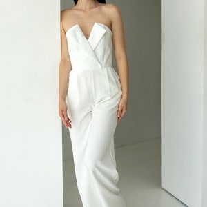 White Strapless Wide Leg Crepe Jumpsuit, Formal Wedding