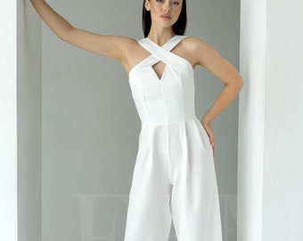Mono de boda blanco crepé - Vestido largo formal para ensayo