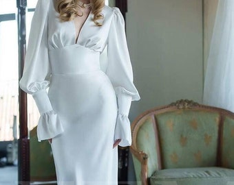 White Silk Maxi Dress with Deep V Neck and Ruffle Long Sleeves for Bride Courthouse,Engagement, Elopement, Civil Wedding Dress