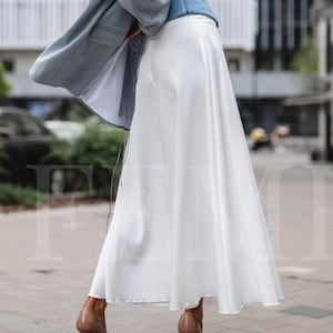 Double-layered Ivory White Silk Satin Maxi Skirt, High-rise