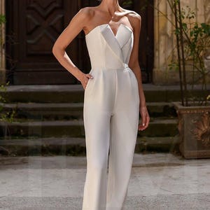 White Women&#39;s Jumpsuit, Wedding Jumpsuit, Bridesmaid Jumpsuit , Sleeveless Jumpsuit, Corset Jumpsuit , Wedding Romper with Wide Leg Pants