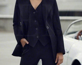 Traje clásico negro para mujer, traje formal de tres piezas, blazer sencillo con chaleco y pantalón recto, traje de negocios negro.