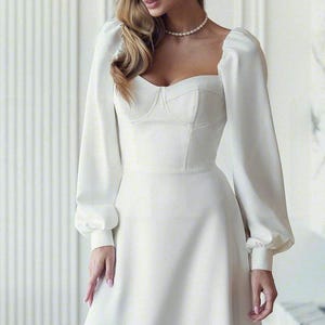 White Midi Bridal Dress with Puff Sleeves, White Midi Wedding Dress, Elegant Courthouse or Garden Ceremony Gown, Romantic Bridal Look