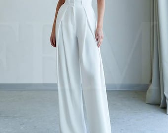 Weiße formelle Hose mit hoher Taille für Frauen - schicke formale Hose mit weitem Bein für Hochzeit, Partys, Braut, Büro und besondere Anlässe