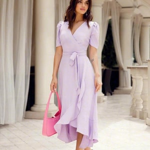 Lavender Wrap Midi Dress, Short Sleeve Summer Dress with Asymmetrical Skirt, Wedding Guest Dress, Garden Party Dress, Romantic Evenings Wear
