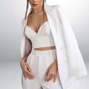 White Women Suit Set , White Wedding Suit - Double Breast Blazer with Wide Leg Pants and Crop Top , White Ciil Wedding Suit