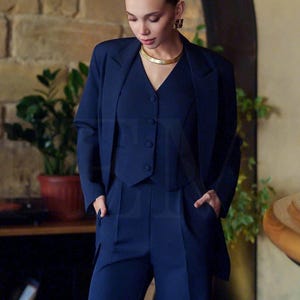 Navy Blue Women&#39;s Suit| Three Piece Blazer Vest Pants Set| Elegant Buttoned Vest Tailored Blazer| Formal Office Evening Outfit| Klo Model