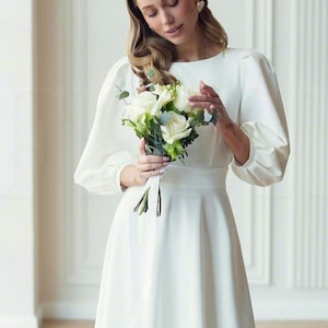 White Midi Dress with Voluminous Sleeves and Back Cutout, Minimalist Bridal Dress for Ceremony or Engagement, Simple Wedding Dress