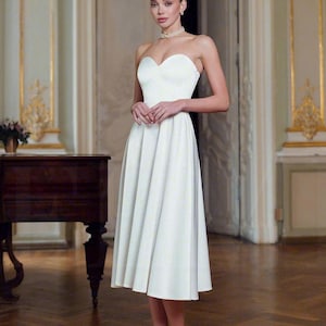 Elegant Civil Wedding Dress - Corset Strapless Satin Midi Gown with Flared Skirt - Simple Bridal Look for Ceremony or Modern Bride