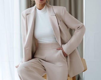 Elegant Women Beige Pantsuit,  Single Breast Blazer with Wide Leg Pants, Wedding Outfit , Women Suit Set, Wedding Guest Suit , Office Wear