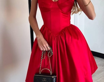 Rode Baskische mini-jurk voor dames| Fit & flare-jurk mouwloos korset| Voor speciale gelegenheden en bruiloften | Idoolmodel