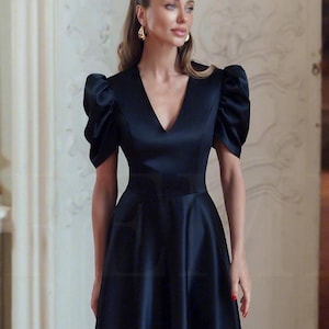 Satin Black Midi Dress - Puff Sleeve with V-Neckline - for Evening Wedding or Party Events