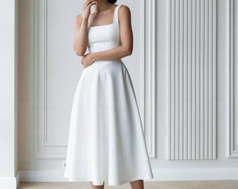White Midi Wedding Dress | Square Neck Sleeveless Bridal Gown | Minimalist Tea Length Civil Ceremony Dress | Elegant Elopement Outfit