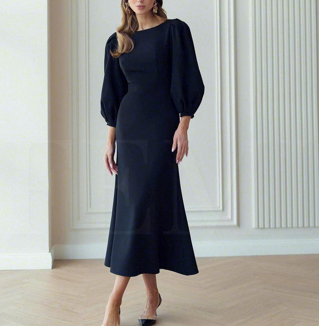 midi elegant black dresses for wedding guests Black Cocktail Midi Dress with Puff Sleeve, Midi Black Dress, Party Evening Dress, Elegant Black Formal Dress, Midi Wedding Guest Dress