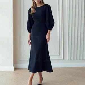 Black Cocktail Midi Dress with Puff Sleeve, Midi Black Dress, Party Evening Dress, Elegant Black Formal Dress, Midi Wedding Guest Dress
