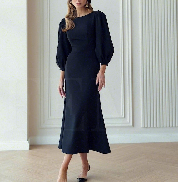 Black Cocktail Midi Dress With Puff Sleeve, Midi Black Dress, Party Evening  Dress, Elegant Black Formal Dress, Midi Wedding Guest Dress - Etsy Canada