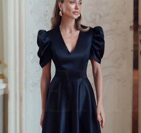 knee length dresses for ladies Black Square Neck Puff Sleeve Satin Midi Dress main image 1