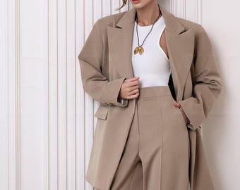 Beige Oversized Blazer and Pants Set : Women Two Piece Suit , Blazer with Wide Collar and Palazzo Trousers