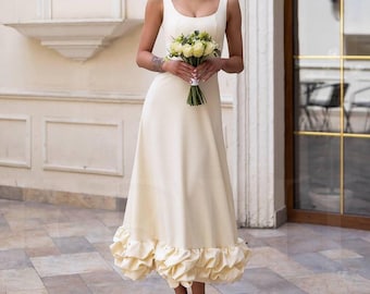Vestido amarelo na altura do joelho para dama de honra com decote quadrado, vestido para convidada de casamento, vestido romântico amarelo manteiga.