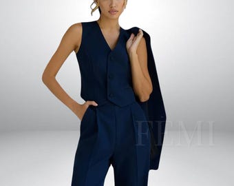 Traje azul oscuro para mujer, chaleco blazer forrado con pantalón recto, chaleco abotonado, blazer cruzado, para oficina, formal, fiesta de graduación, modelo Klo