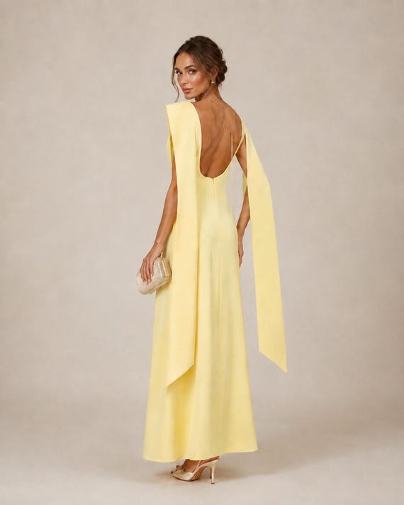 formal butter yellow dress Maxi Dress, Open Back Dress, Wedding Guest Dress, Elegant Evening Gown, Mother of Bride butter yellow mini dress