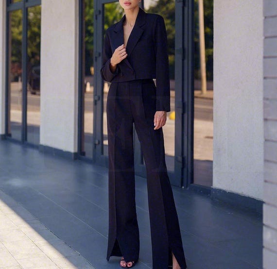 Black Women Suit, Black Cropped Blazer Pantsuit, Black Straight Pants,  Office Wear, Prom Pantsuit, Wedding Guest Suit, Two Piece Pantsuit