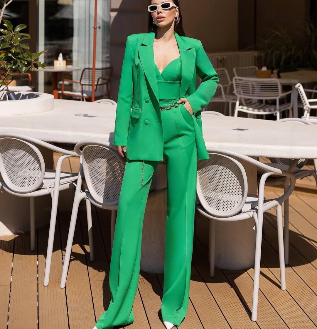 Green Women's Suit – Elegant Blazer, Bustier Top & Wide Leg Pants