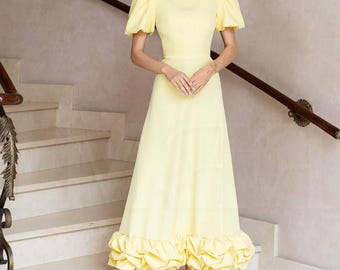 Gelbes Brautjungfernkleid, Maxi-Hochzeitsgastkleid, Puffärmel-formales Kleid, elegantes Rüschensaumkleid
