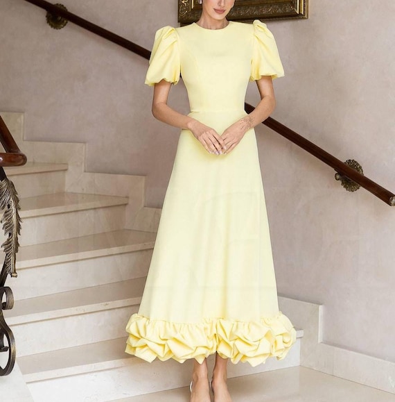 Yellow Bridesmaid Dress, Maxi Wedding Guest Dress, Puff Sleeve Formal Dress, Elegant Ruffle Hem Gown