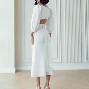 Minimalist White Bridal Dress with Puff Sleeve, Open Back Civil Wedding Gown, Elegant Midi Engagement Dress, Second Wedding Dress