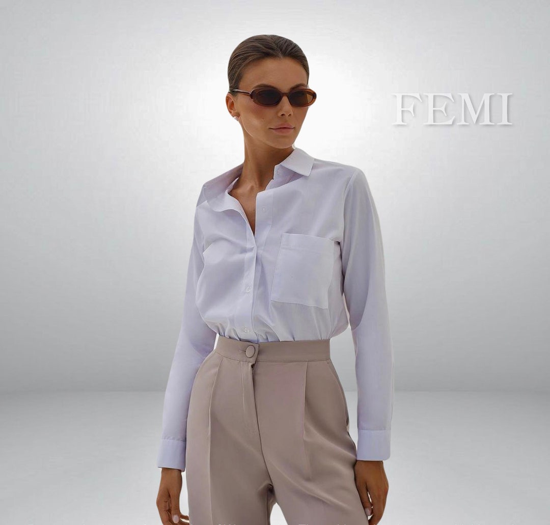 White Crepe Long Sleeve Shirt | Women's Formal Button Down Top - Etsy, image size:1080x1031