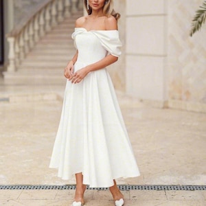 White Tea Length Bridal Dress, Off-Shoulder Wedding Dress in Flowing Crepe for Ceremony or Courthouse, White Civil Wedding Midi Dress