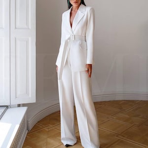 White Women Suit, Bridal White Pantsuit, Elegant White Wedding Suit for Women, White Blazer with Belt, White Wide Leg Pants , Women Suit Set