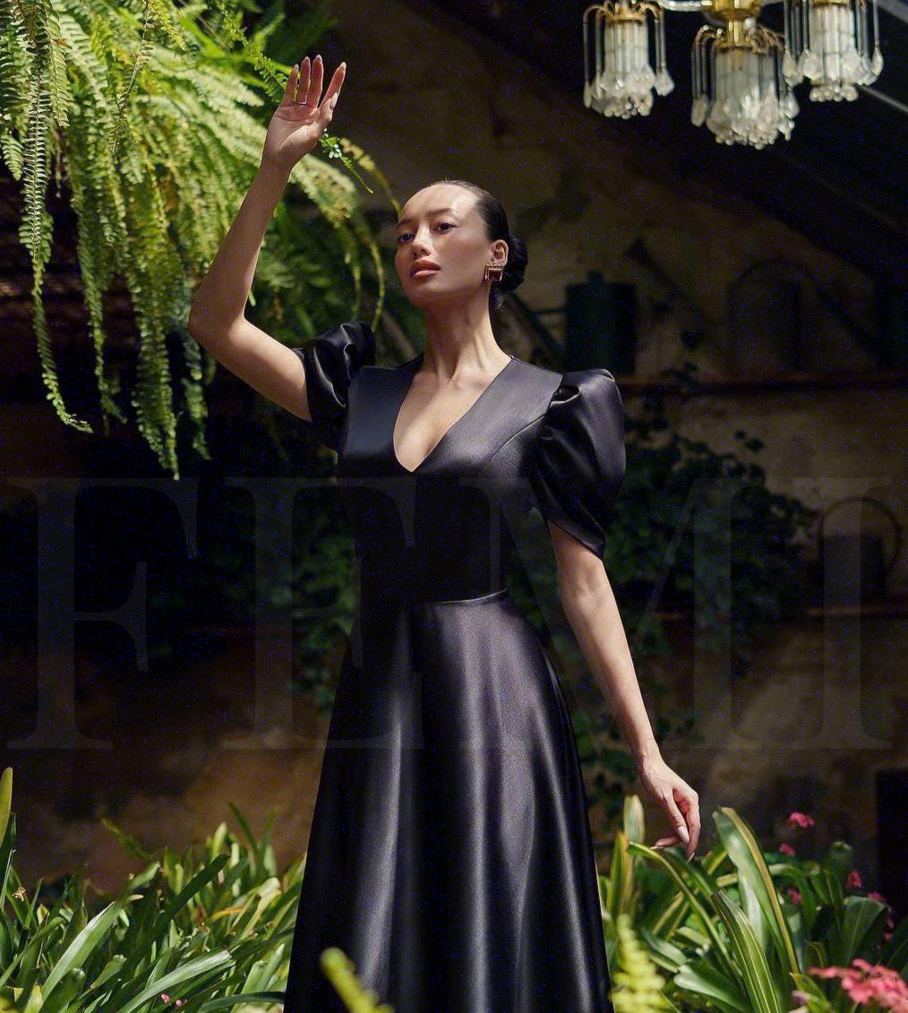 black satin dress puff sleeve MORANE Black Satin Polka Dot Romantic Long Dress with Puffy Sleeves Maisoncleo