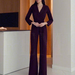 Burgundy Long Sleeve Jumpsuit For Women with Wide Leg Pants and V-Neck - Jumpsuit for Wedding Bridal Prom Graduation | Gru Model