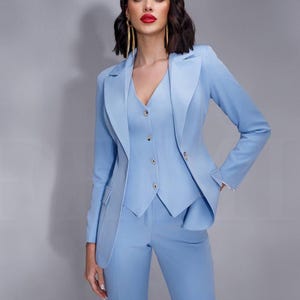 Elegant Light Blue Three Piece Women Suit - Blazer Vest with Straight Pants for Wedding Guest , Formal Events - Women&#39;s Pant Suit for Office